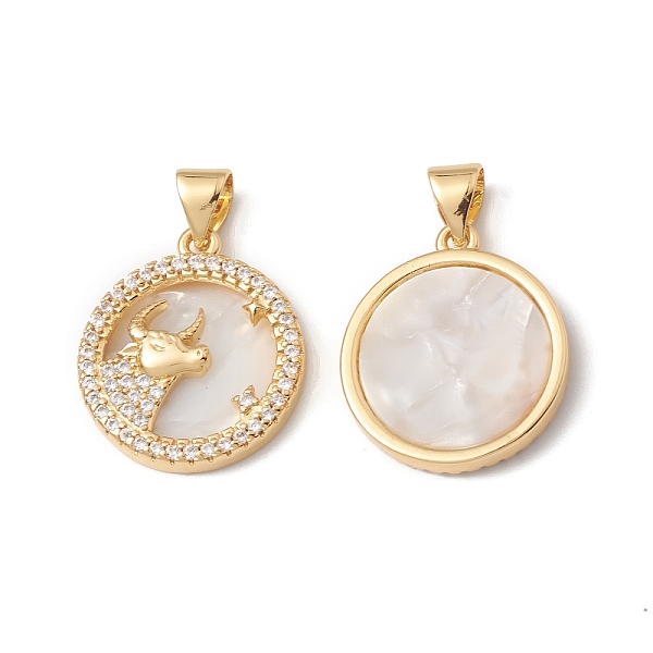 

PandaHall Rack Plating Brass Shell Pendants, with Cubic Zirconia & Natural Shell, Flat Round with Constellation Charms, Cadmium Free & Lead...