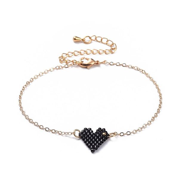 

PandaHall Link Bracelets, with Handmade Japanese Seed Beads, Brass Cable Chains & Extension Chains, Heart, Black, 6-7/8 inch(17.5cm) Glass...