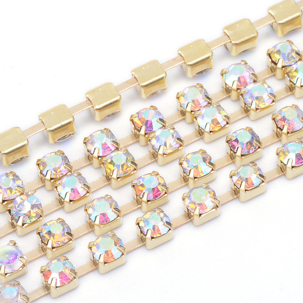 

PandaHall Brass Rhinestone Strass Chains, Rhinestone Cup Chains, Raw(Unplated), Nickel Free, Crystal AB, 2mm, about 10yards/bundle..., Clear