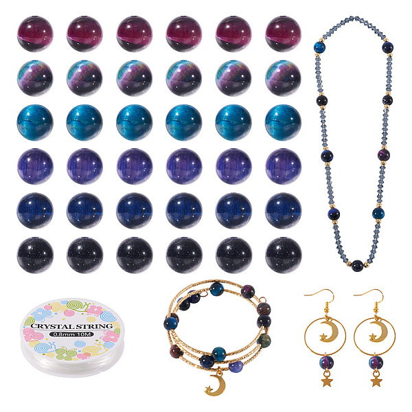 

PandaHall DIY Bracelet Making Kit, Including Natural Tiger Eye & Synthetic Blue Goldstone Beads, Elastic Thread, 60Pcs/box Tiger Eye