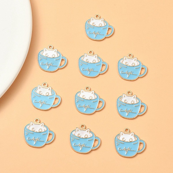 

PandaHall Alloy Enamel Pendants, Light Gold, Cup with Cat Charm, Sky Blue, 18.5x20x1mm, Hole: 1.5mm Alloy+Enamel Cat Shape