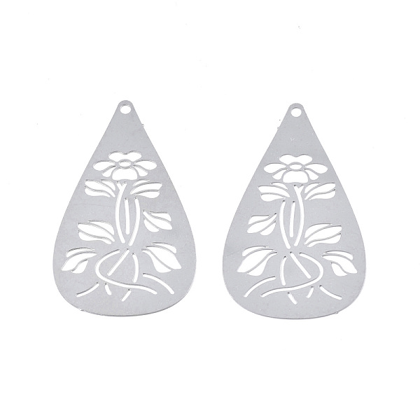 

PandaHall 201 Stainless Steel Pendants, Etched Metal Embellishments, Teardrop with Flower, Stainless Steel Color, 35x20.5x0.3mm, Hole: 1.4mm...
