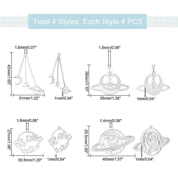 

PandaHall DICOSMETIC 16Pcs 4 Style 201 Stainless Steel Pendants, Laser Cut, Mixed Shape, Stainless Steel Color, 25.5~40x30.5~40x1mm, Hole...