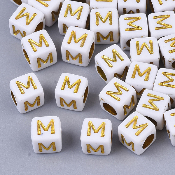 

PandaHall Plating Acrylic Beads, Horizontal Hole, Golden Metal Enlaced, Alphabet Style, Cube, Letter.M, 5.5~6x5.5~6x5.5~6mm, Hole: 3.5mm..., Gold