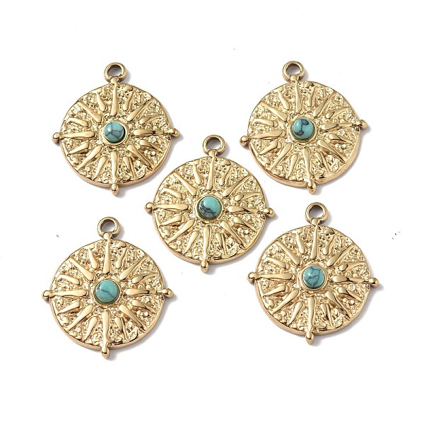 

PandaHall Natural Turquoise Pendants, Flat Round Charms, with Vacuum Plating Real 18K Gold Plated 201 Stainless Steel Findings...