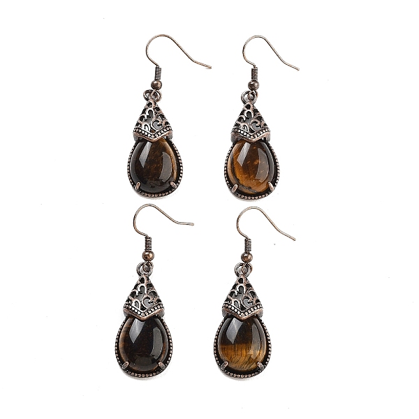 

PandaHall Natural Tiger Eye Teardrop Dangle Earrings, Red Copper Plated Brass Earrings for Women, 48x15mm Tiger Eye Teardrop
