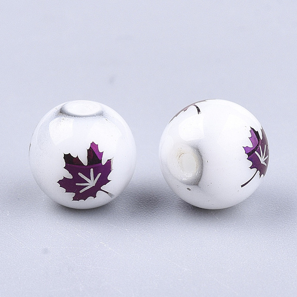 

PandaHall Autumn Theme Electroplate Glass Beads, Round with Maple Leaf Pattern, Indigo, 8~8.5mm, Hole: 1.5mm Glass Leaf Purple