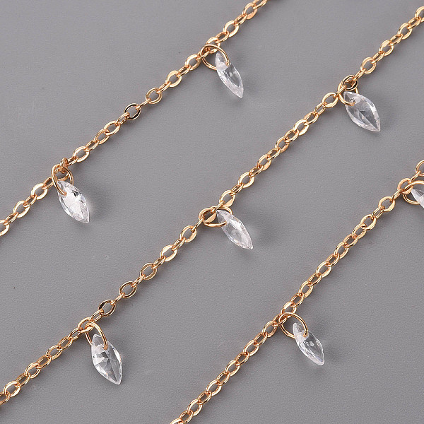 

PandaHall Handmade Brass Cable Chains, with Cubic Zirconia charms, Soldered, Cone, Real 18K Gold Plated, 2x1.5x0.3mm, about 16.4 Feet..., Clear