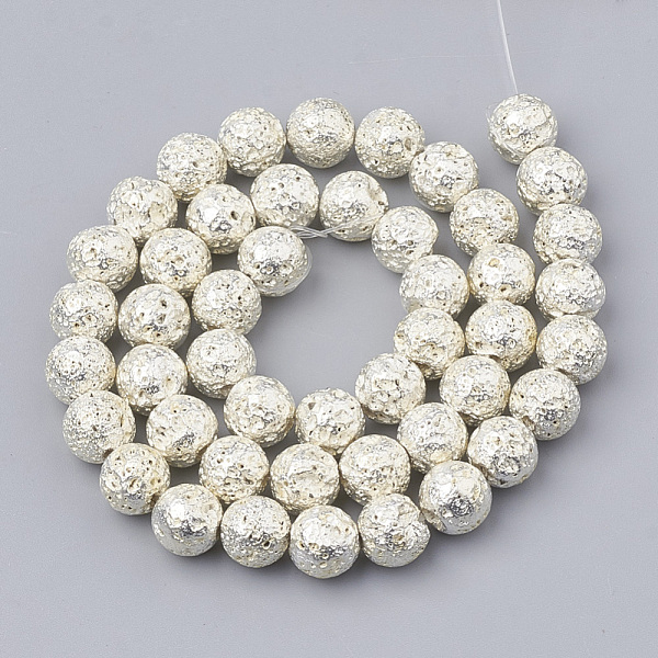 

PandaHall Electroplated Natural Lava Rock Beads Strands, Round, Bumpy, Silver, 8~8.5mm, Hole: 1mm, about 46pcs/strand, 14.5 inch Lava Rock...