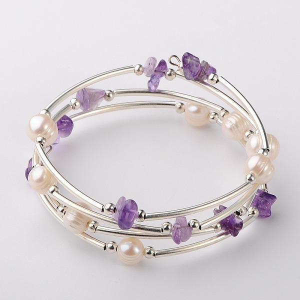 

PandaHall Gemstone Chip Warp Bracelets, Silver and Platinum, Amethyst, 53mm Amethyst Purple