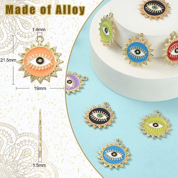 

PandaHall 30Pcs 6 Colors Alloy Enamel Pendants, Light Gold, Sun with Evil Eye Pattern, Mixed Color, 21.5x19x1.5mm, Hole: 1.4mm, 5pcs/color..., Multicolor