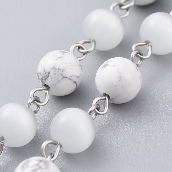 

PandaHall Handmade Natural Howlite Beaded Chains, Unwelded, with Cat Eye Beads and 304 Stainless Steel Eye Pin, Round, Stainless Steel Color...