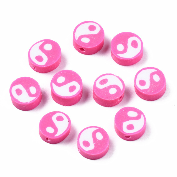 

PandaHall Handmade Polymer Clay Beads, Flat Round with Yin Yang, Hot Pink, 9~10x9~10x4~7mm, Hole: 2mm Polymer Clay Flat Round