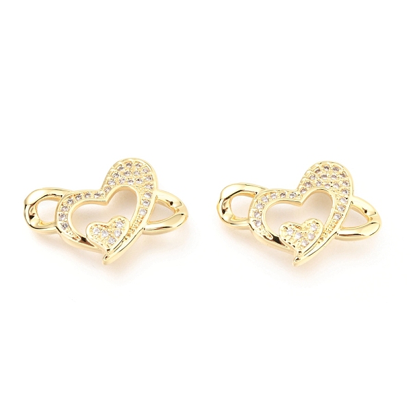 

PandaHall Brass Micro Pave Clear Cubic Zirconia Links Connectors, Long-Lasting Plated, Heart with Heart, Real 18K Gold Plated...