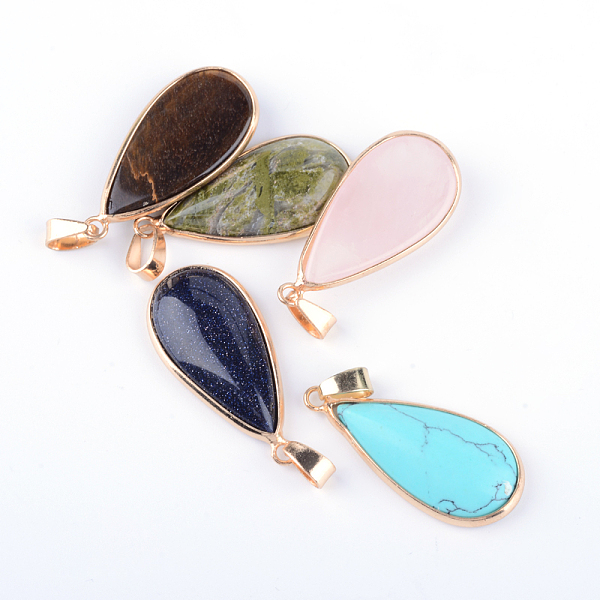

PandaHall Teardrop Natural & Synthetic Mixed Stone Pendants, with Golden Tone Brass Findings, 35~36x16~17x6mm, Hole: 4x6mm Mixed Stone...