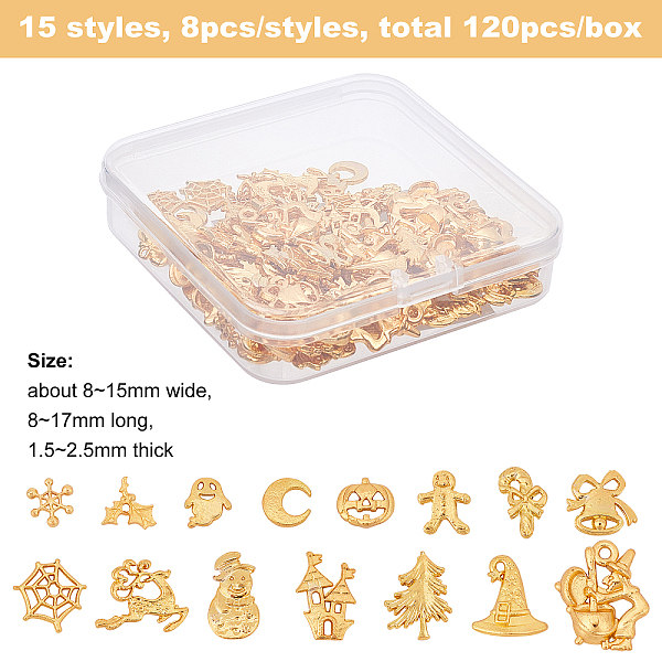 

PandaHall Olycraft 120Pcs 15 Styles Alloy Cabochons, for Christmas & Halloween, Mixed Shapes, Golden, 8pcs/style Alloy Mixed Shapes