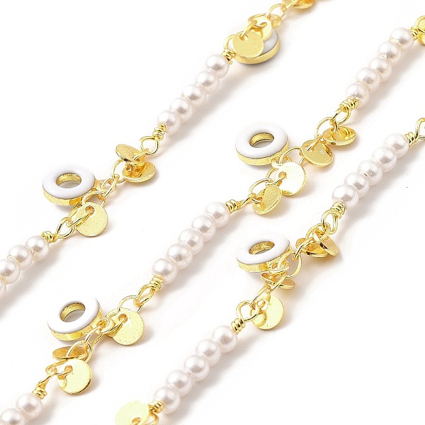 

PandaHall Handmade Glass Pearl Beaded Chains, with Brass Enamel Donut Charms, Soldered, with Spool, Cadmium Free & Lead Free, Real 18K Gold..., White