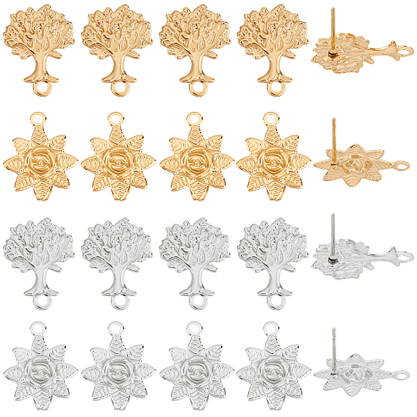 

PandaHall DICOSMETIC 32Pcs 2 Styles 2 Colors Stainless Steel Stud Earring Findings Flower and Tree with Loop and Earring Backs Platinum and...