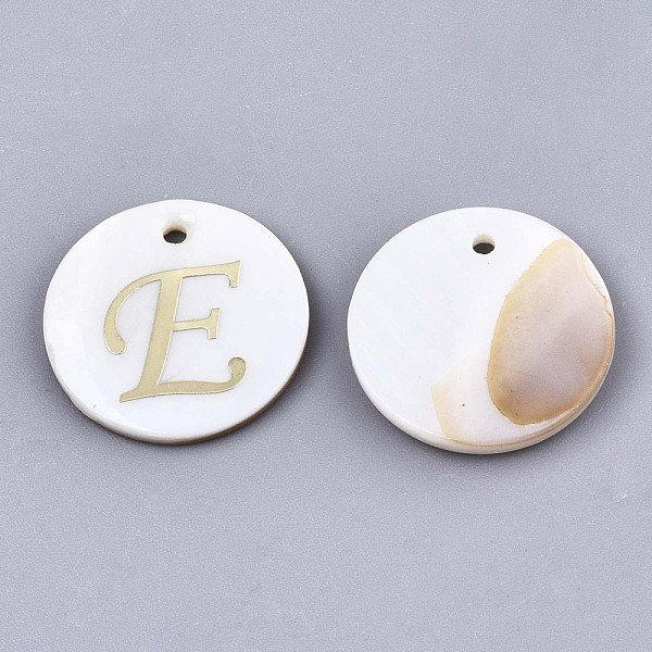 

PandaHall Natural Freshwater Shell Pendants, with Golden Plated Brass Etched Metal Embellishments, Flat Round with Letter, Letter.E, 15x2mm...