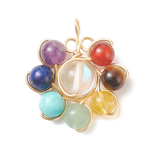 

PandaHall 7 Chakra Gemstone Beaded Copper Wire Wrapped Pendants, Flower Charms, Light Gold, Mixed Dyed and Undyed, 29x26x8mm, Hole: 2.2mm...