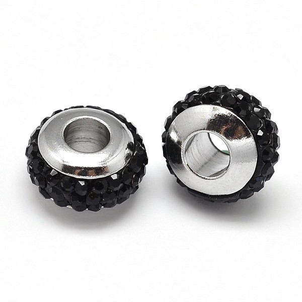 

PandaHall Rondelle 304 Stainless Steel Polymer Clay Rhinestone European Beads, with Double Side Platinum Color Core, Stainless Steel Color..., Black