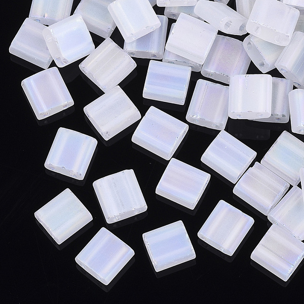 

PandaHall 2-Hole Transparent Glass Seed Beads, Frosted AB Colours, Rectangle, White, 5x5~5.5x2~2.5mm, Hole: 0.7mm Glass Rectangle White
