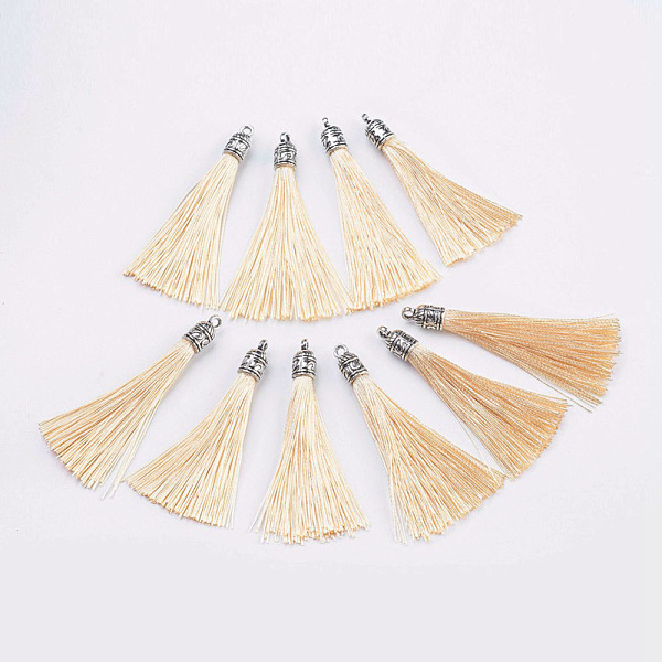 

PandaHall Nylon Tassels Big Pendant Decorations, with Antique Silver Alloy Findings, Beige, 55~67x7mm, Hole: 2mm Nylon Yellow