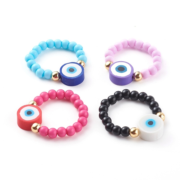 

PandaHall Stretch Finger Rings, with Opaque Acrylic Beads, Polymer Clay Evil Eye Beads and Brass Round Beads, Mixed Color, Inner Diameter..., Multicolor