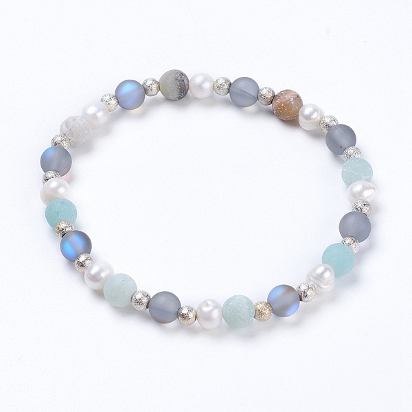 

PandaHall Stretch Bracelets, with Natural Flower Amazonite and Synthetic Moonstone Beads, Grade A Pearl Beads and Brass Textured Beads...
