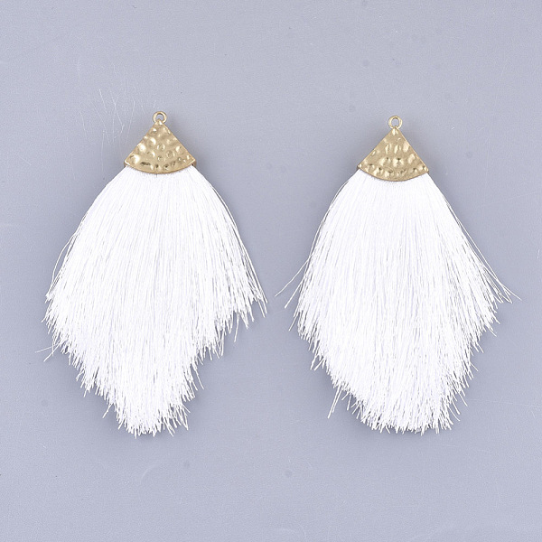 

PandaHall Polyester Tassel Big Pendant Decorations, with Alloy Findings, Golden, White, 100~108x51~62x7mm, Hole: 2mm Polyester White