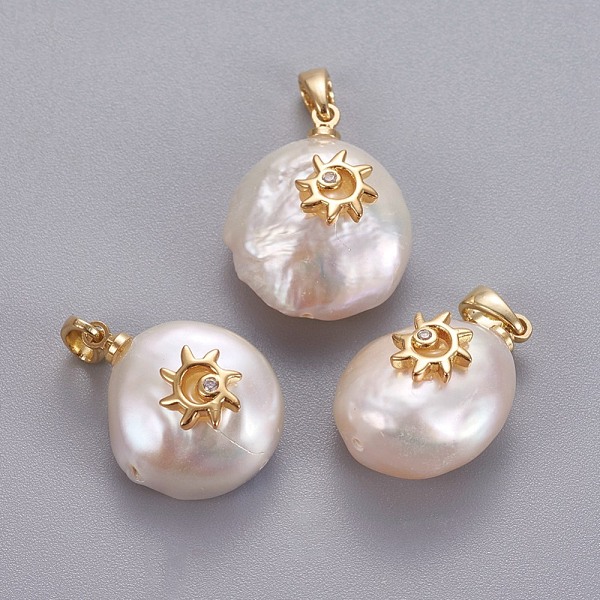 

PandaHall Natural Cultured Freshwater Pearl Pendants, with Brass Micro Pave Cubic Zirconia Findings, Nuggets with Sun, Long-Lasting Plated..., Clear