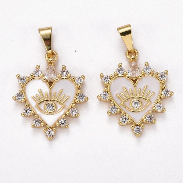 

PandaHall Brass Clear Cubic Zirconia Pendants, with Enamel, Long-Lasting Plated, Real 18K Gold Plated, Heart and Eye, White, 23x19x3mm, Hole...