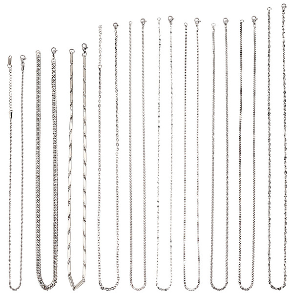 

PandaHall Olycraft 10Pcs 10 Style 304 Stainless Steel Curb & Rope & Box & Wheat & Bar Link Chain Necklaces Set, Stainless Steel Color...