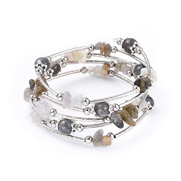 

PandaHall Five Loops Natural Labradorite & Moonstone Wrap Bracelets, with Brass Tube Beads, Iron Spacer Beads and Tibetan Style Alloy Bead...