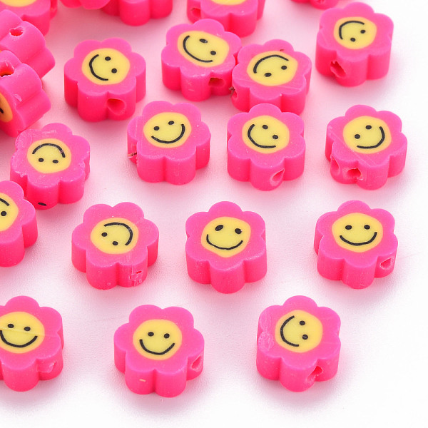 

PandaHall Handmade Polymer Clay Beads, Flower with Smiling Face, Deep Pink, 9~10x8~9x4~5mm, Hole: 1.4~1.6mm Polymer Clay Flower