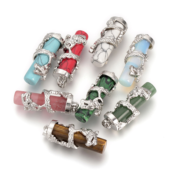 

PandaHall Natural & Synthetic Mixed Stone Pendants, with Alloy Findings, Antique Silver, Column with Dragon, 39~41x14mm, Hole: 3x4mm Mixed...
