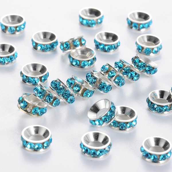 

PandaHall Brass Rhinestone Spacer Beads, Grade A, Rondelle, Silver Color Plated, Aquamarine, 7x3.3mm Brass+Rhinestone Rondelle Cyan