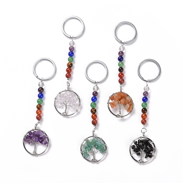 

PandaHall Gemstone Chakra Keychain, with Alloy Key Rings and Brass Pendants, Ring with Tree of Life, Platinum, 123mm Mixed Stone Ring