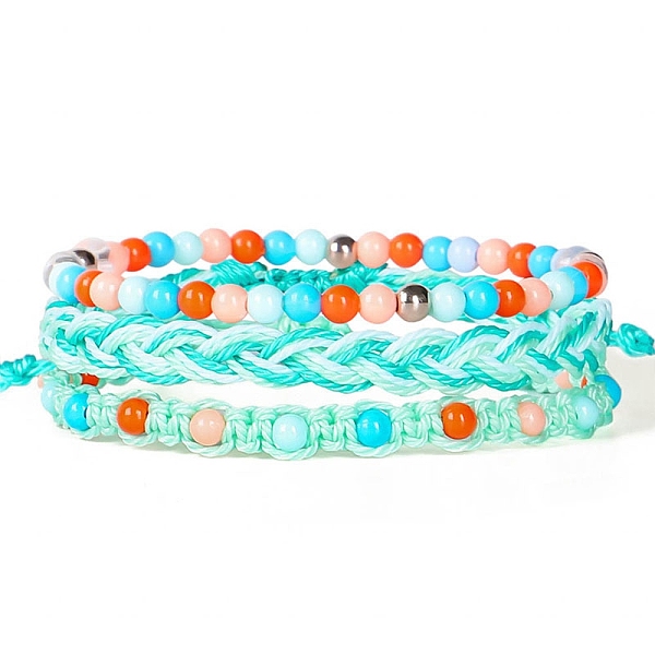

PandaHall 3Pcs 3 Style Waxed Cord Braided Bead Bracelets Set, Adjustable Stackable Bracelets, Cyan, 6-1/4~6-3/4 inch(16~17cm), 1Pc/style...