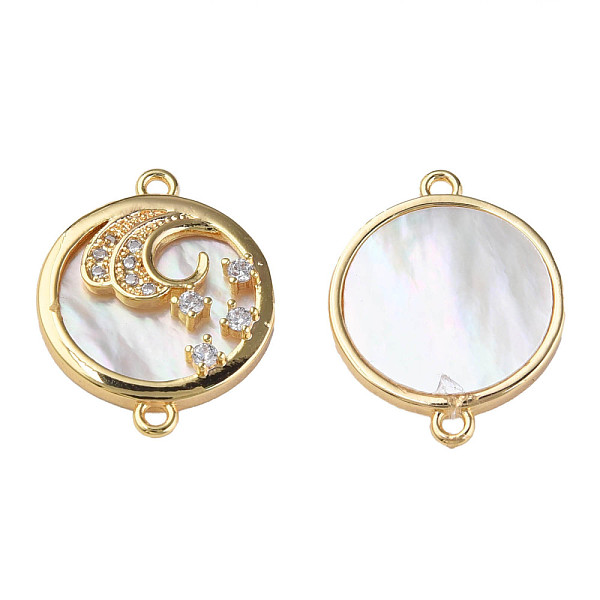 

PandaHall Brass Micro Pave Cubic Zirconia Connector Charms, with Natural Shell, Real 18K Gold Plated, Nickel Free, Flat Round, Creamy White..., Clear
