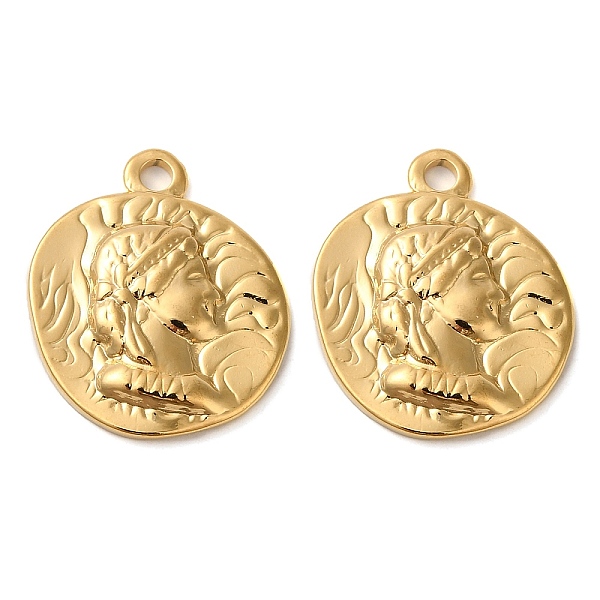 

PandaHall 201 Stainless Steel Pendants, Long-Lasting Plated, Flat Round with Women Charm, Golden, 23x19x3mm, Hole: 2mm 201 Stainless Steel...