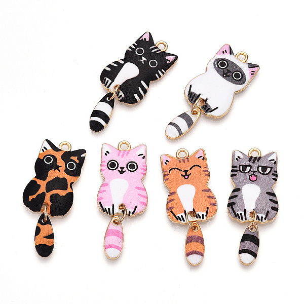 Pendentifs d'émail en alliage, or, charme de chat, couleur mixte, 39x15.5x2mm, Trou: 2mm