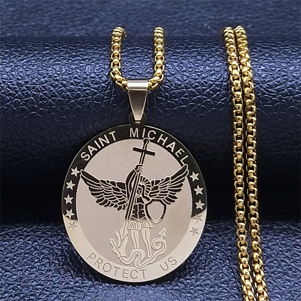 

PandaHall Stainless Steel Box Chain Necklace for Men, St.Michael Cathedral Medal Pendant Necklaces Stainless Steel