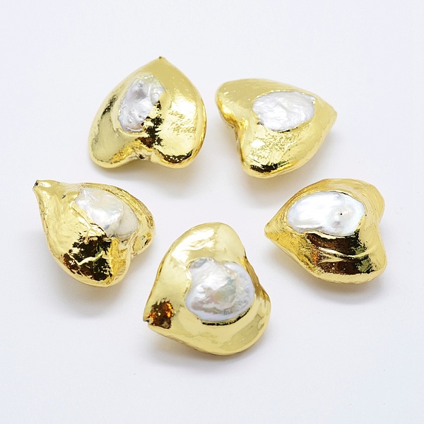 

PandaHall Natural Cultured Freshwater Pearl Beads, Edge Golden Plated, Heart, White, 28~30x27.5~30x15~21mm, Hole: 1mm Pearl Heart White