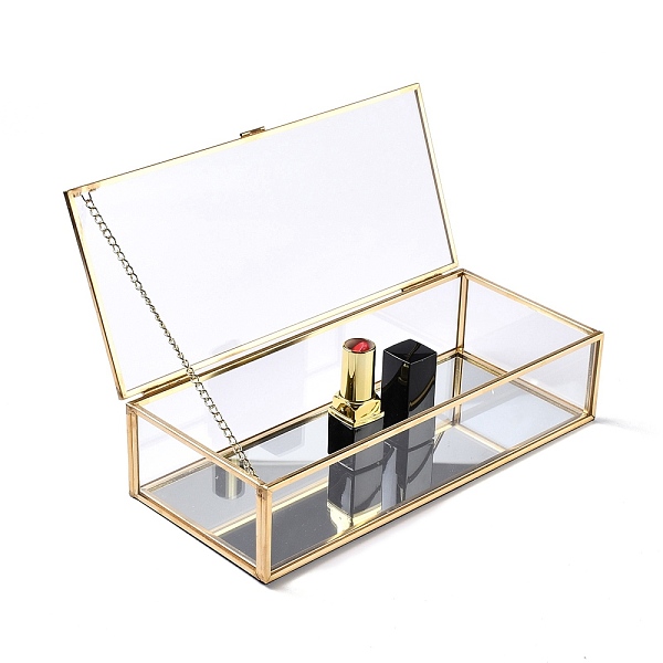 

PandaHall Rectangle Transparent Glass Jewellery Chest, with Flip Cover, for Jewelry Display Cosmetics Storage Box, Golden, 23x10.1x5.5cm..., Clear