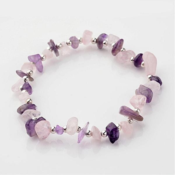 

PandaHall Gemstone Stretch Bracelets, with Iron Findings, Silver Color Plated Natural Amethyst and Rose Quartz Beads, Purple and Pink, 55mm...