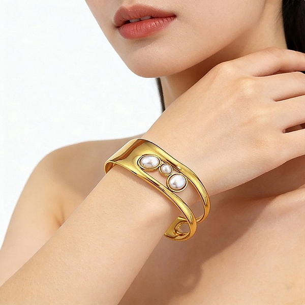 Bracciale rigido aperto in acciaio inox 304 con perle sintetiche pavé da donna
