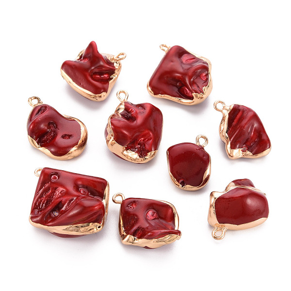 

PandaHall Electroplate Freshwater Shell Pendants, with Golden Iron Edge and Loop, Nuggets, Dyed, Dark Red, 21~32.5x14~24x6~21mm, Hole: 1.8mm...