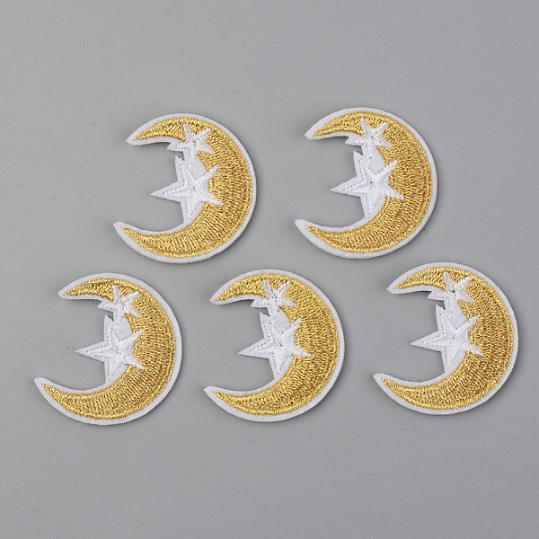 

PandaHall Computerized Embroidery Cloth Iron on/Sew on Patches, Appliques, Costume Accessories, Moon with Star, Gold, 38x34x1.5mm Cloth Moon...