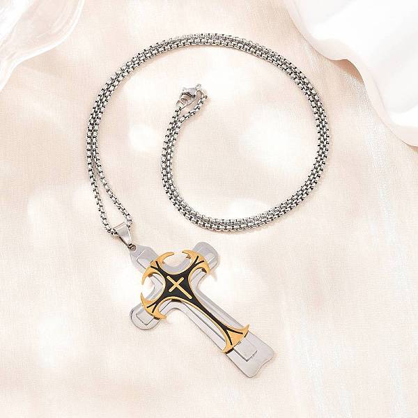 Religion 201 Stainless Steel Black Enamel Cross Pendant 304 Stainless Steel Box Chain Necklaces